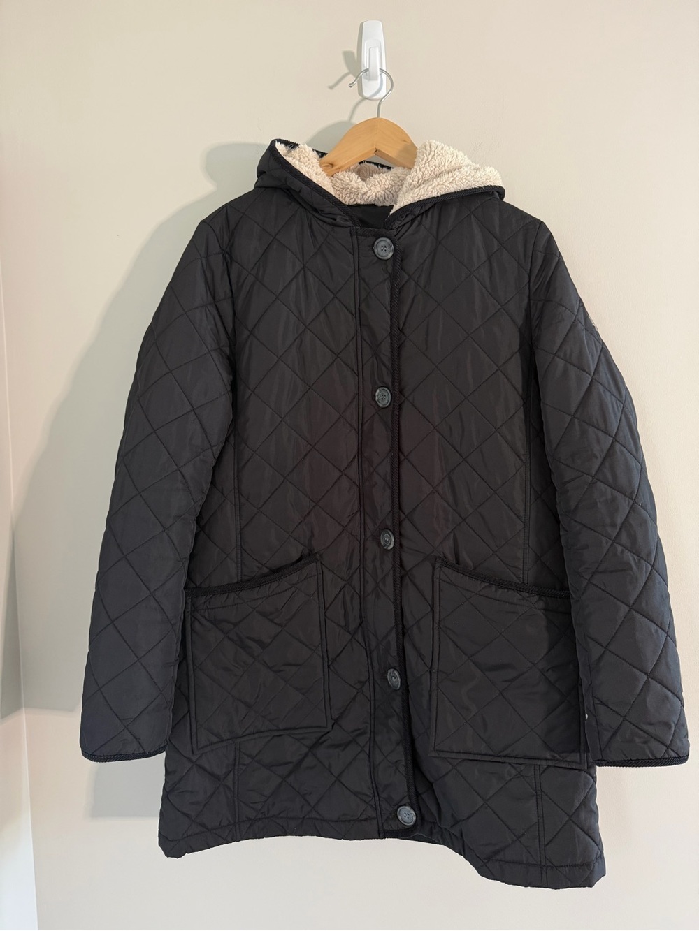Lauren Ralph Lauren Women M Black Quilted Coat Faux Fur Hood Equestrian Lined - Picture 2 of 14